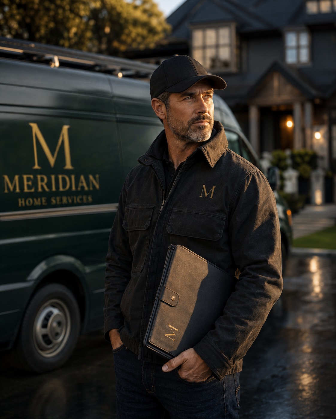 Daniel Meridian, founder of Meridian Home Services, standing beside a branded service van at golden hour