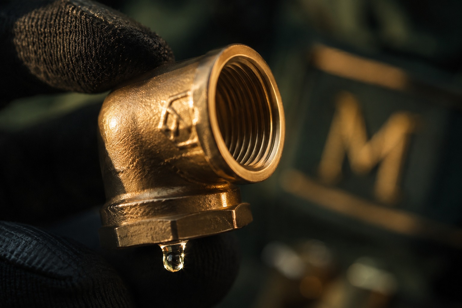 Close-up of a brass plumbing fitting held by a Meridian technician, with a single water droplet in golden light