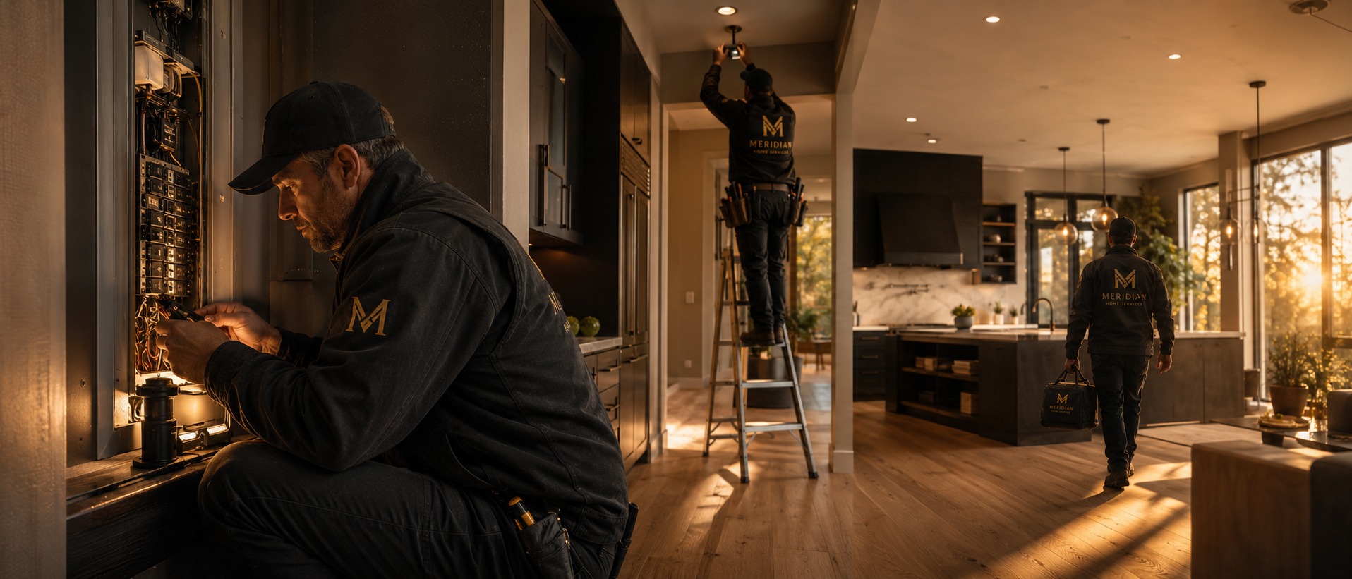 Meridian Home Services technicians handling electrical, lighting, and renovation work inside a modern luxury home at golden hour